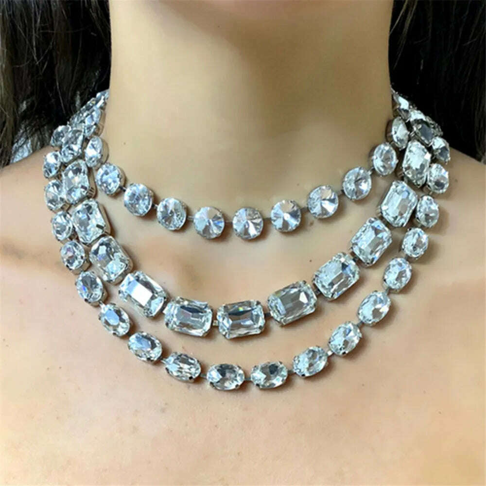 INS Novelly Crystal Multi Rows Round Oval Square Pendant Necklace for Women Rhinestone Tassel Collar Choker Necklace Accessories - KIMLUD