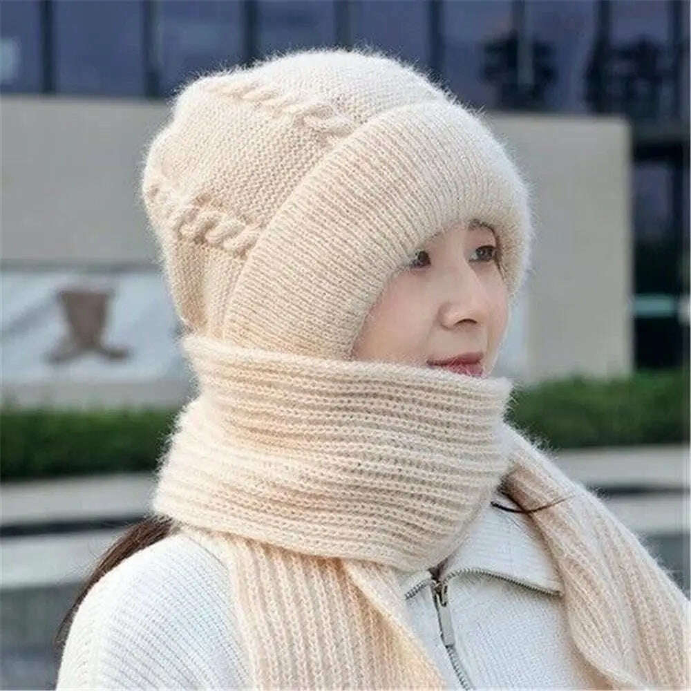 KIMLUD, Integrated Cap Scarf Ear Protection Windproof Cap Scarf Knitting Thicken Thermal Hat Winter Beanie Hat Scarf Neck Warmer Casual, KIMLUD Womens Clothes