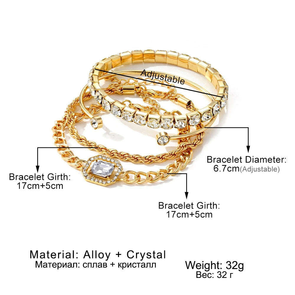 KIMLUD, IPARAM 4 Piece Set Luxurious Bracelets for Women Crystal Shiny Adjustable Opening Chain Bracelets Punk Bangle Fashion Jewelry, KIMLUD Womens Clothes