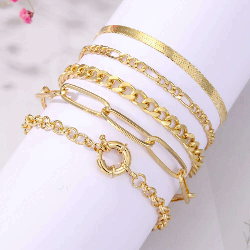 KIMLUD, IPARAM Gold Color Silver Color Charm Bracelet Bangles For Women Punk Curb Cuban Chain Bracelets Set Boho Fashion Jewelry Gifts, KIMLUD Womens Clothes