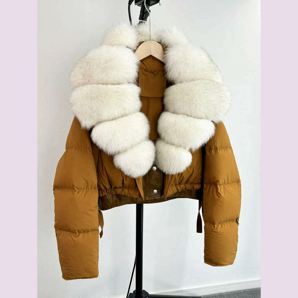 KIMLUD, Janveny Fashion Short Puffer Coat Women Luxury Super Big Real Fox Fur 90% White Duck Down Jacket Winter Female Feather Parkas, KIMLUD Womens Clothes