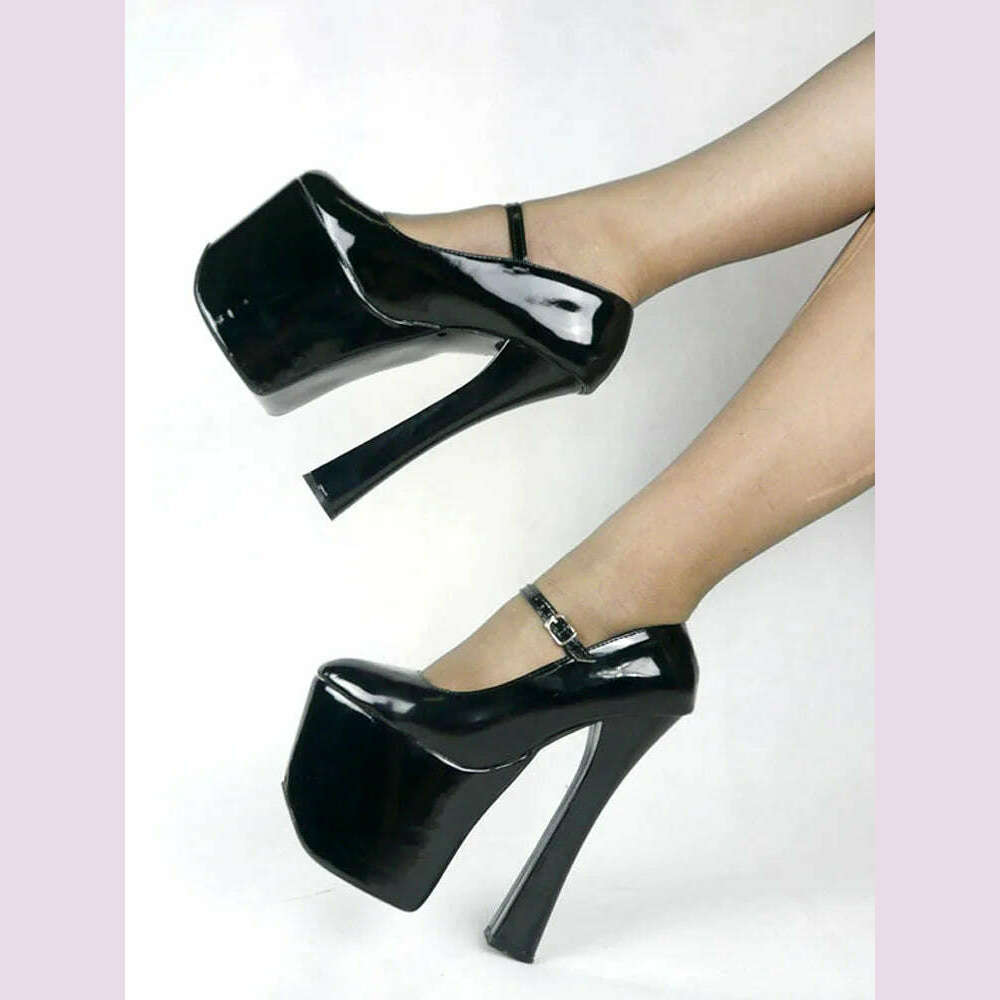 KIMLUD, jialuowei Black patent platform Mary Janes Pumps with chunky 7 1/2" heel with 3 1/2" platform high heel pumps Cosplay shoes, KIMLUD Womens Clothes