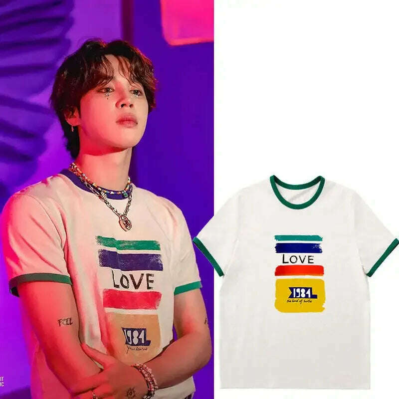 KIMLUD, Jimin Equal Love Short Sleeve T-shirt Kpop Youth Group Flat Love Printing Casual Top Same Style Crew Neck Other Style, KIMLUD Womens Clothes