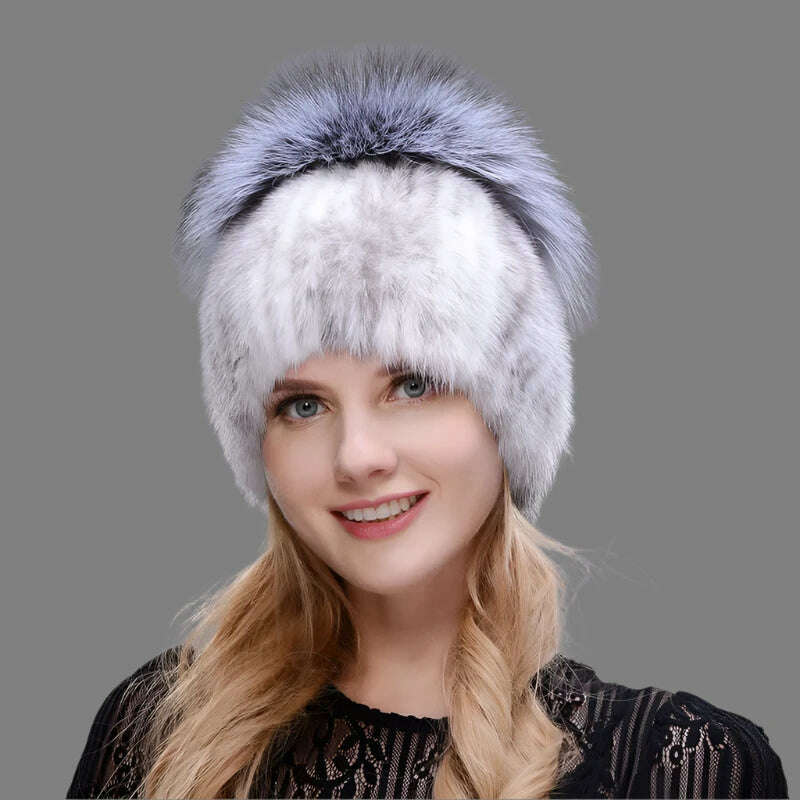 JINBAOSEN Style Winter Female Fur Hat Mink Fur Plus Fox Fur Stitching Knit Liner Fur Ski Hat Free Shipping - KIMLUD