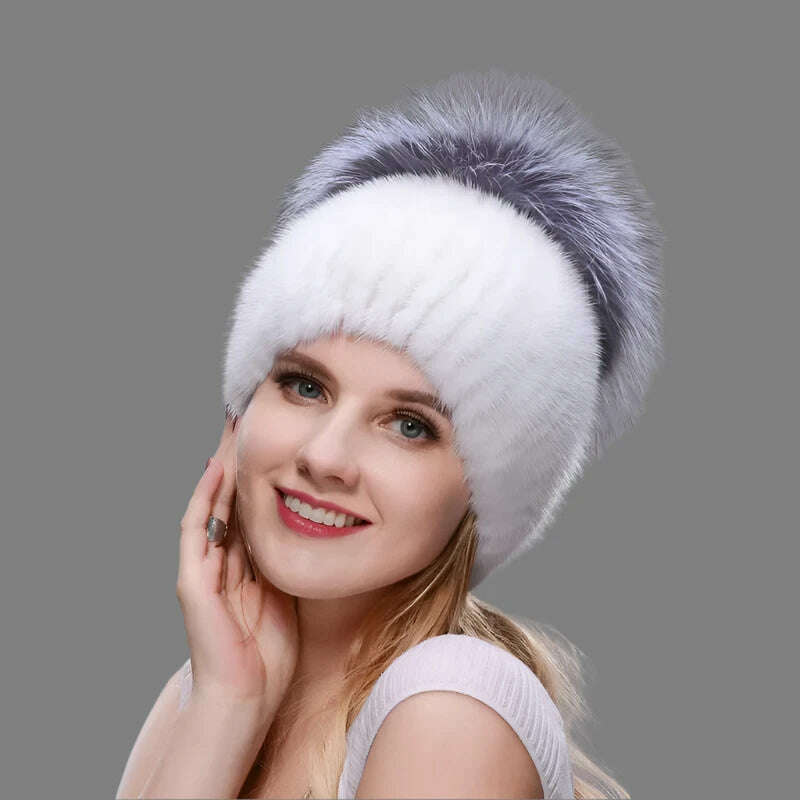 KIMLUD, JINBAOSEN Style Winter Female Fur Hat Mink Fur Plus Fox Fur Stitching Knit Liner Fur Ski Hat Free Shipping, KIMLUD Womens Clothes