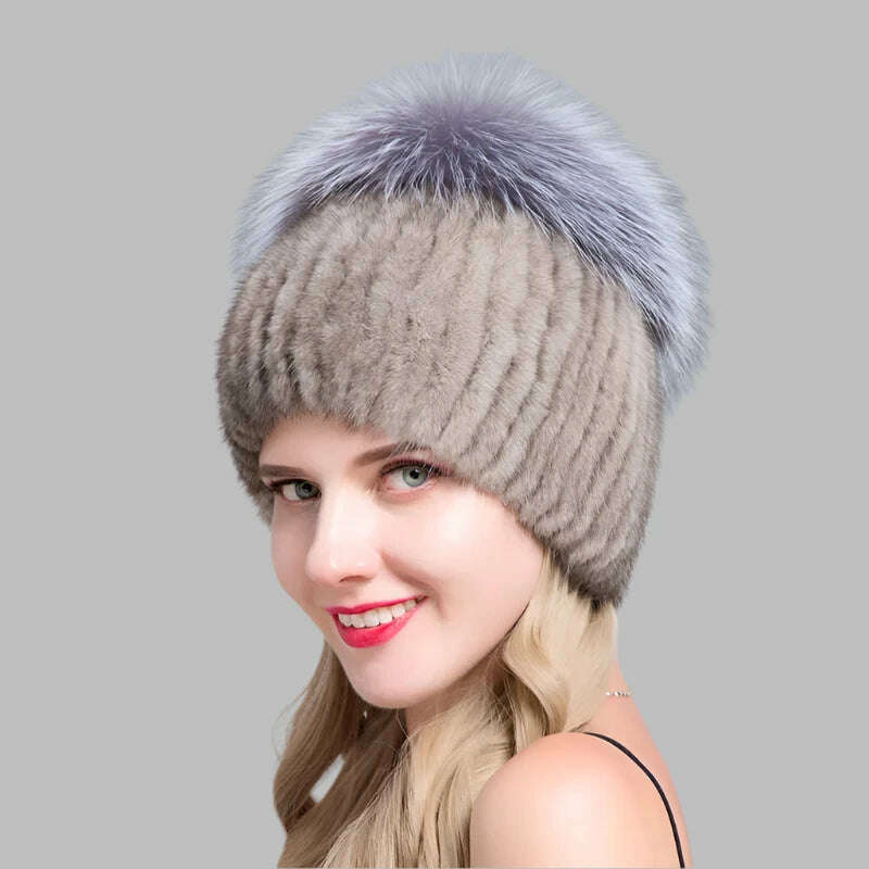 KIMLUD, JINBAOSEN Style Winter Female Fur Hat Mink Fur Plus Fox Fur Stitching Knit Liner Fur Ski Hat Free Shipping, COLOR5 / CHINA, KIMLUD APPAREL - Womens Clothes