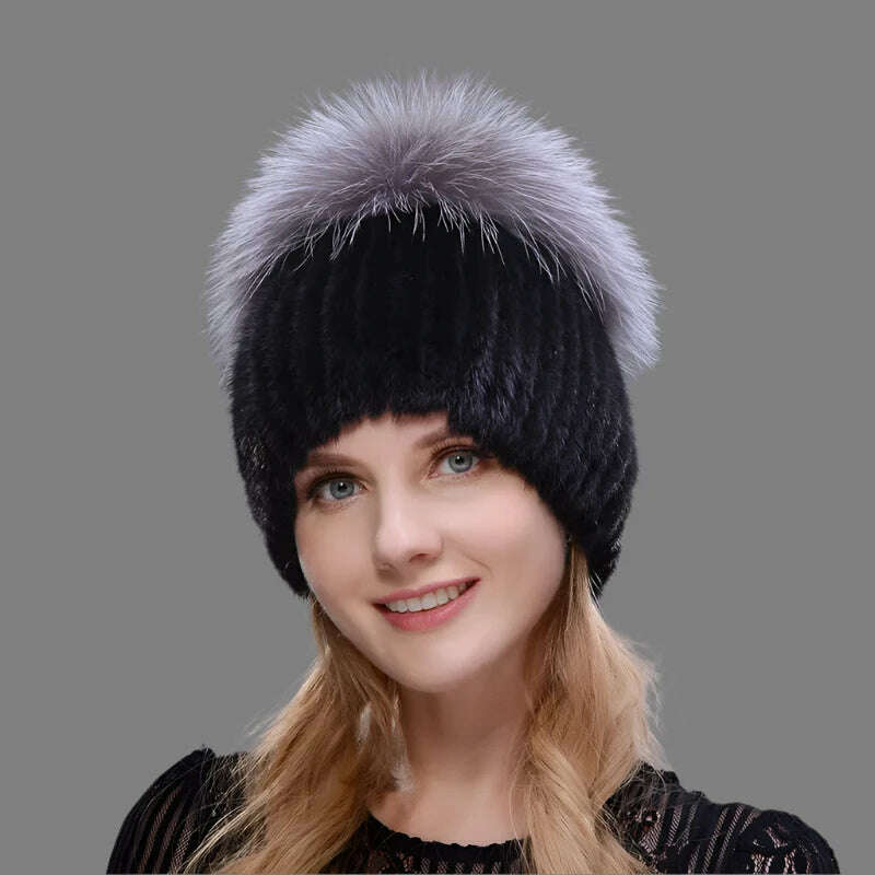 KIMLUD, JINBAOSEN Style Winter Female Fur Hat Mink Fur Plus Fox Fur Stitching Knit Liner Fur Ski Hat Free Shipping, COLOR3 / CHINA, KIMLUD APPAREL - Womens Clothes