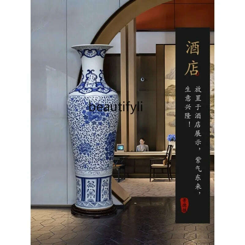 KIMLUD, Jingdezhen Ceramic Floor Vase Chinese Hand-Painted Blue and White Porcelain Decoration Company Opening Large Porcelain Bottle, KIMLUD Womens Clothes