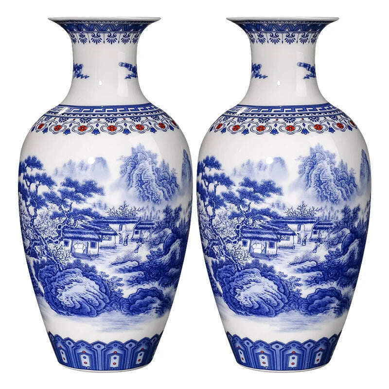 Jingdezhen Ceramics Blue And White Landscape Pattern Vase Ornaments Chinese Living Room Wine Cabinet Antique Eggshell Vase - KIMLUD