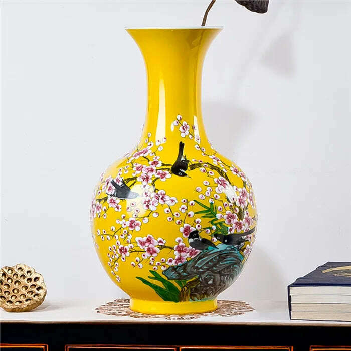 KIMLUD, Jingdezhen ceramics hand-painted famille rose large vase flower decorations are Home Furnishing living room decoration, yellow vase x 1, KIMLUD APPAREL - Womens Clothes