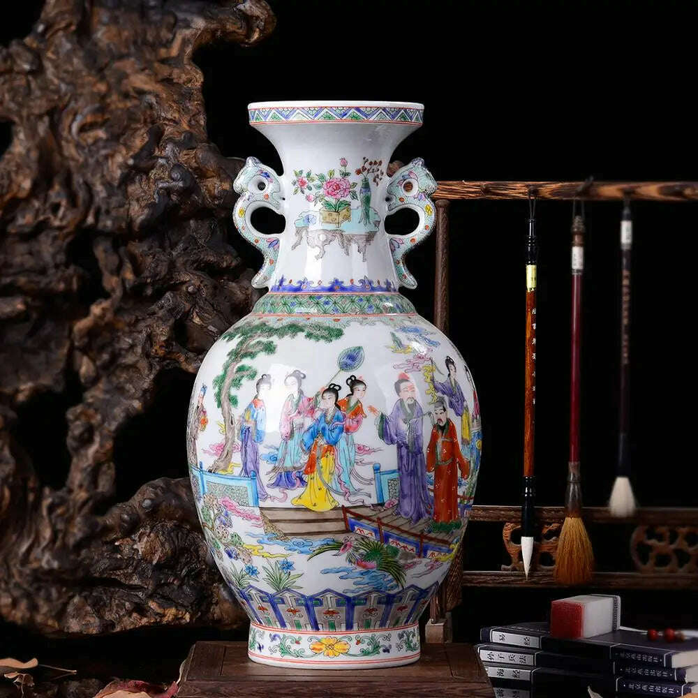 KIMLUD, Jingdezhen Porcelain Vases Hand Painted Ladies' pictures Antique Famille Rose Porcelain Living Room Home Decoration Chinese Vase, KIMLUD Womens Clothes