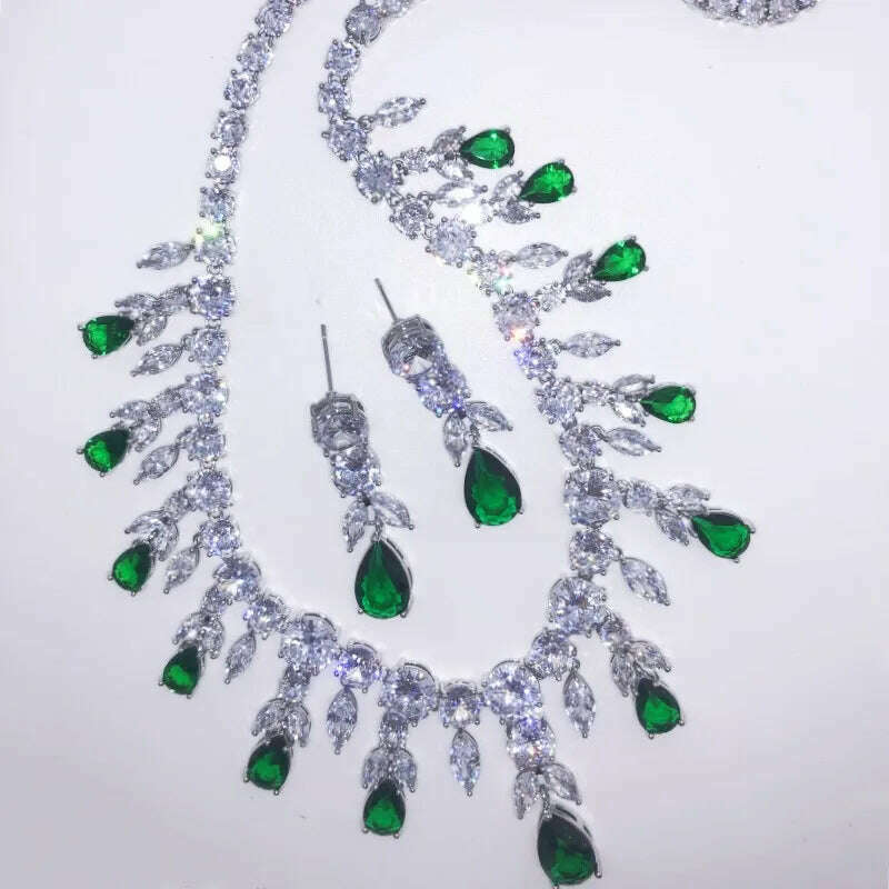 JMK Luxury Emerald Bridal Wedding Jewelry Sets Green Stone AAA Cubic Zirconia Pendant Necklace Earrings Sets Party Dinner Wear - KIMLUD