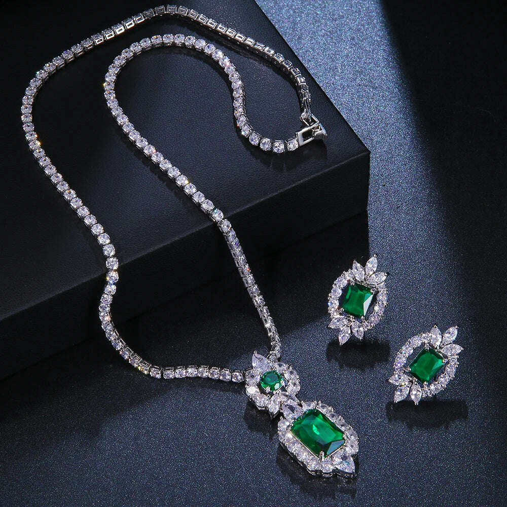 KIMLUD, JMK Luxury Emerald Bridal Wedding Jewelry Sets Green Stone AAA Cubic Zirconia Pendant Necklace Earrings Sets Party Dinner Wear, 9 green, KIMLUD APPAREL - Womens Clothes