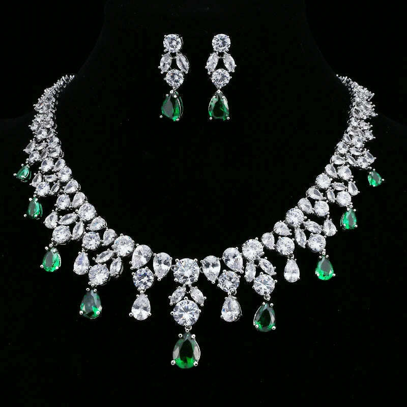 JMK Luxury Emerald Bridal Wedding Jewelry Sets Green Stone AAA Cubic Zirconia Pendant Necklace Earrings Sets Party Dinner Wear - KIMLUD