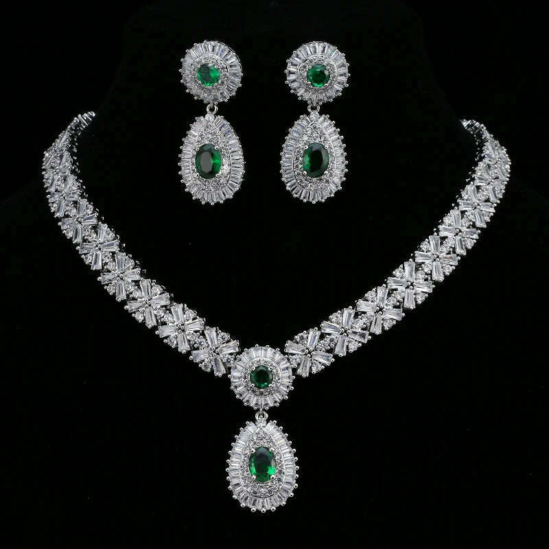 JMK Luxury Emerald Bridal Wedding Jewelry Sets Green Stone AAA Cubic Zirconia Pendant Necklace Earrings Sets Party Dinner Wear - KIMLUD