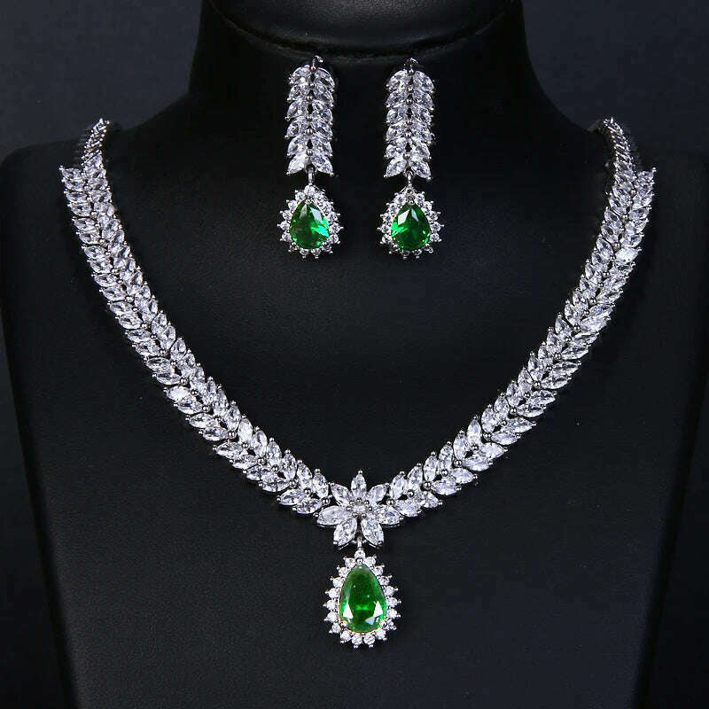 KIMLUD, JMK Luxury Emerald Bridal Wedding Jewelry Sets Green Stone AAA Cubic Zirconia Pendant Necklace Earrings Sets Party Dinner Wear, 160 green, KIMLUD APPAREL - Womens Clothes