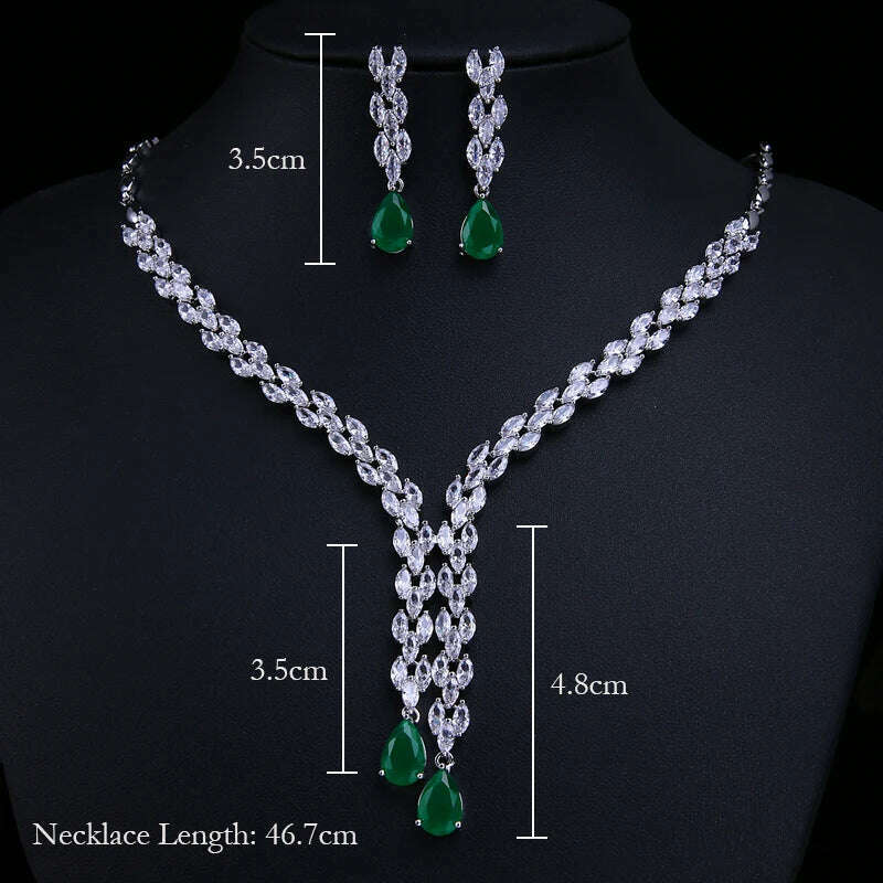 JMK Luxury Emerald Bridal Wedding Jewelry Sets Green Stone AAA Cubic Zirconia Pendant Necklace Earrings Sets Party Dinner Wear - KIMLUD