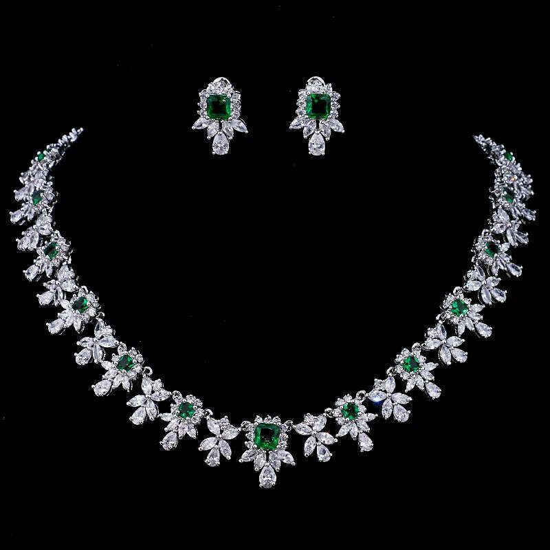 KIMLUD, JMK Luxury Emerald Bridal Wedding Jewelry Sets Green Stone AAA Cubic Zirconia Pendant Necklace Earrings Sets Party Dinner Wear, 21 green, KIMLUD APPAREL - Womens Clothes