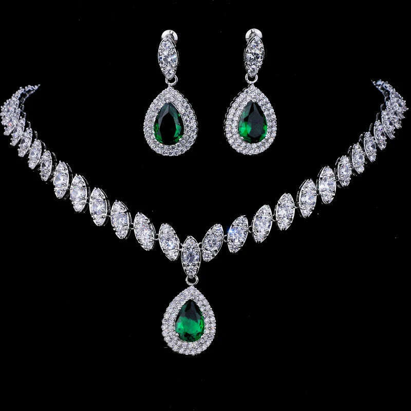 JMK Luxury Emerald Bridal Wedding Jewelry Sets Green Stone AAA Cubic Zirconia Pendant Necklace Earrings Sets Party Dinner Wear - KIMLUD