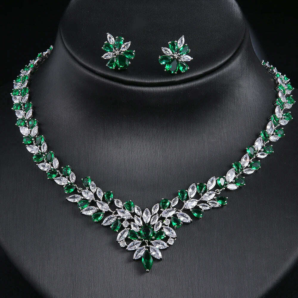 JMK Luxury Emerald Bridal Wedding Jewelry Sets Green Stone AAA Cubic Zirconia Pendant Necklace Earrings Sets Party Dinner Wear - KIMLUD