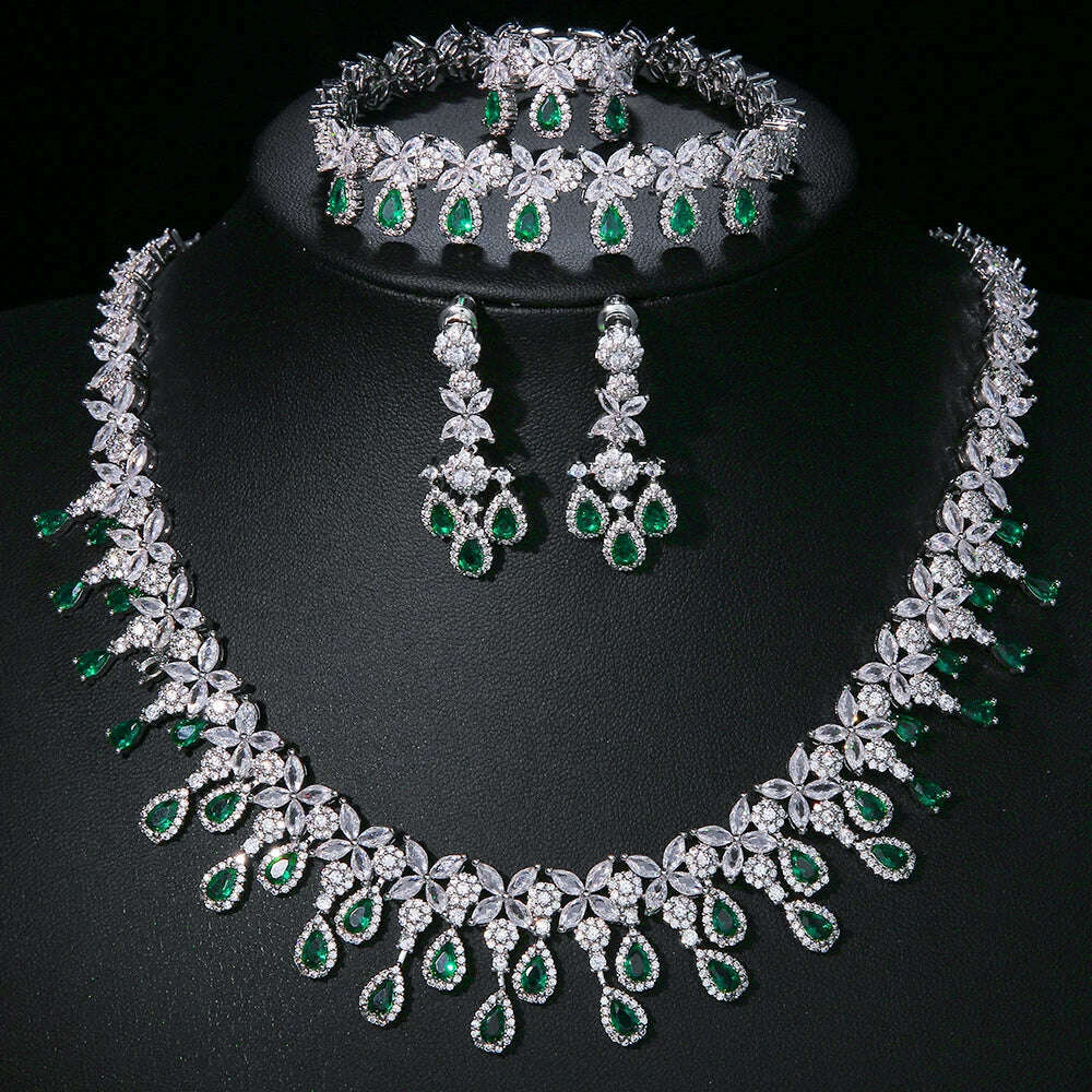 JMK Luxury Emerald Bridal Wedding Jewelry Sets Green Stone AAA Cubic Zirconia Pendant Necklace Earrings Sets Party Dinner Wear - KIMLUD