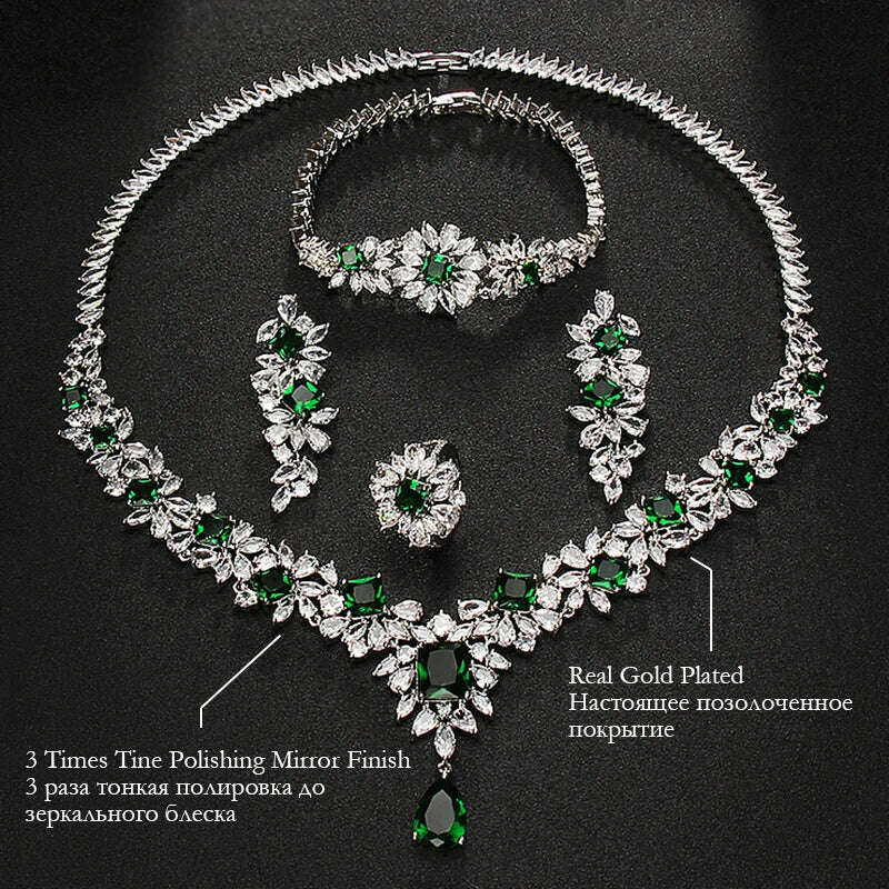 KIMLUD, JMK Luxury Emerald Bridal Wedding Jewelry Sets Green Stone AAA Cubic Zirconia Pendant Necklace Earrings Sets Party Dinner Wear, 250 green, KIMLUD APPAREL - Womens Clothes