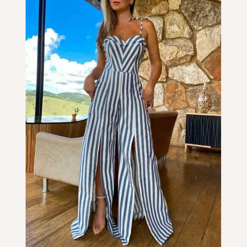 KIMLUD, Jumpsuit Women 2024 Summer Fashion Striped Print Split Thigh Sweetheart Neck Tied Detail Casual Wide Leg Vacation Jumpsuit, A / XL, KIMLUD APPAREL - Womens Clothes