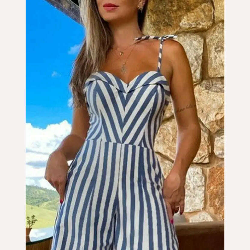 KIMLUD, Jumpsuit Women 2024 Summer Fashion Striped Print Split Thigh Sweetheart Neck Tied Detail Casual Wide Leg Vacation Jumpsuit, KIMLUD Womens Clothes