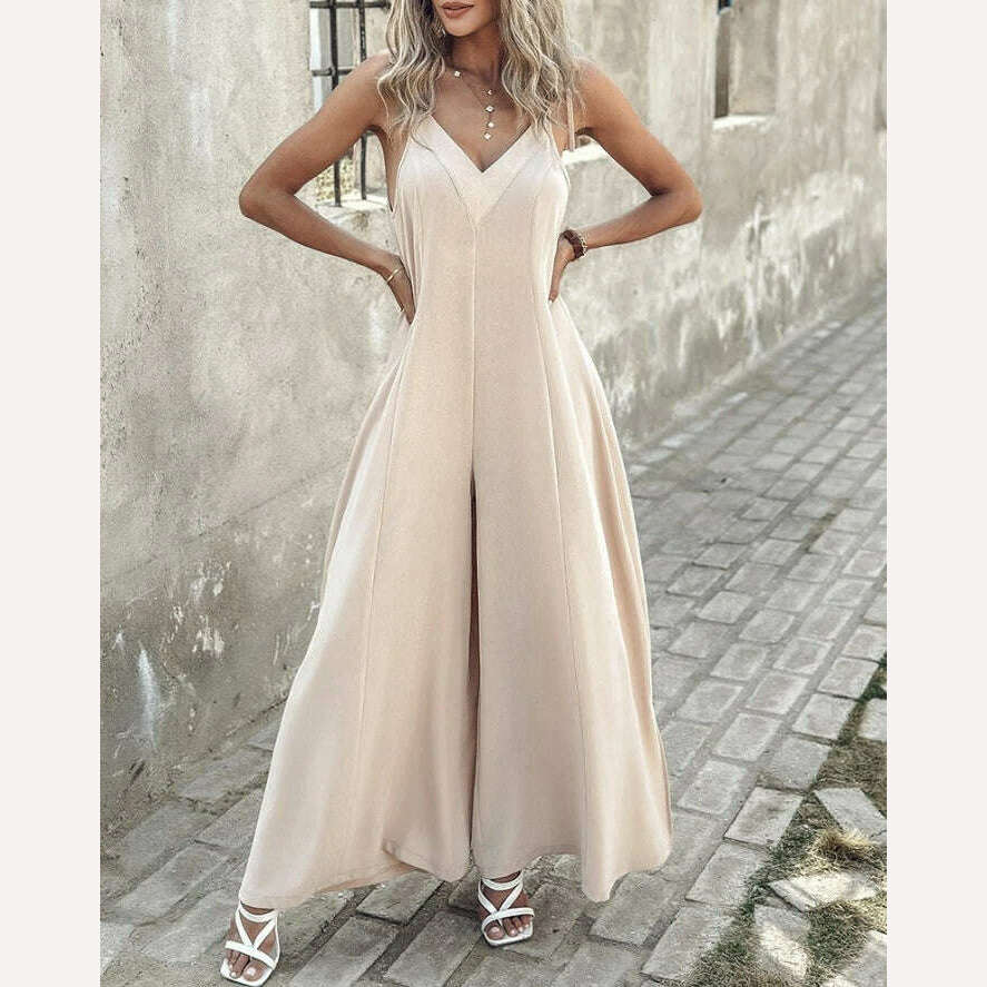 KIMLUD, Jumpsuit Women 2024 Summer Fashion Tied Detail Ruched Casual V-Neck Spaghetti Strap Plain Loose Daily Long Wide Leg Jumpsuit, A / XL, KIMLUD APPAREL - Womens Clothes