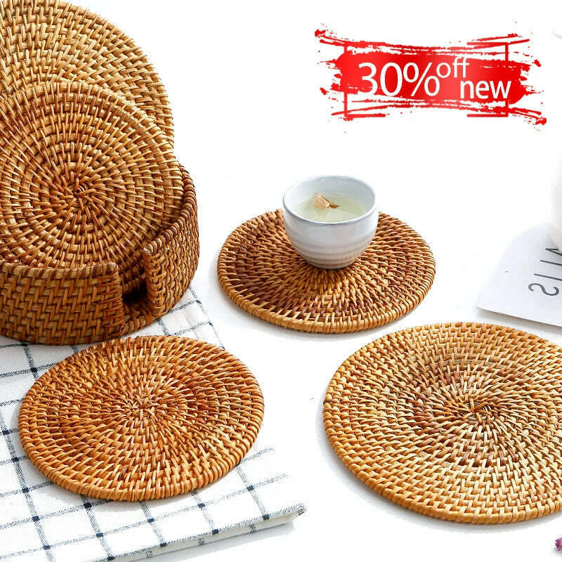 KIMLUD, KEMORELA 1PC Round Natural Rattan Coasters Bowl Pad Handmade Padding Cup Mat Insulation Placemats Kitchen Decoration Accessories, KIMLUD Womens Clothes