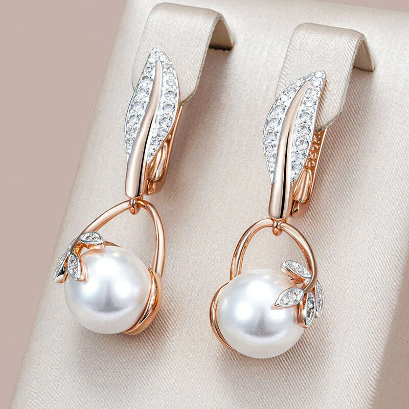 KIMLUD, Kinel Hot Fashion Crystal Flower Pearl Drop Earrings for Women 585 Rose Gold Silver Color Mix Boho Ethnic Wedding Jewelry Gift, KIMLUD Womens Clothes