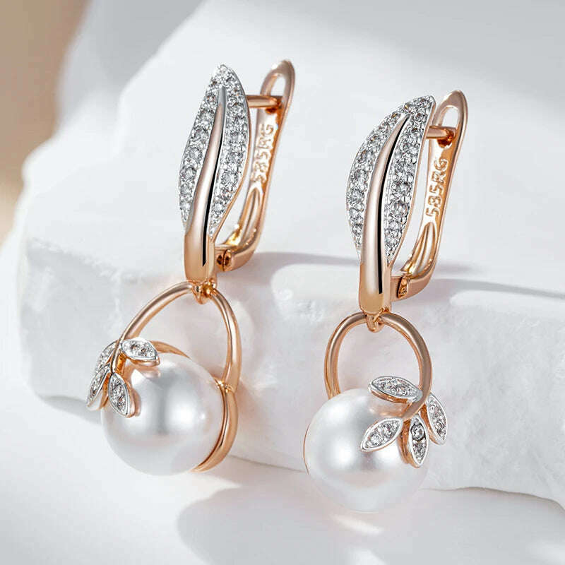 KIMLUD, Kinel Hot Fashion Crystal Flower Pearl Drop Earrings for Women 585 Rose Gold Silver Color Mix Boho Ethnic Wedding Jewelry Gift, KIMLUD Womens Clothes