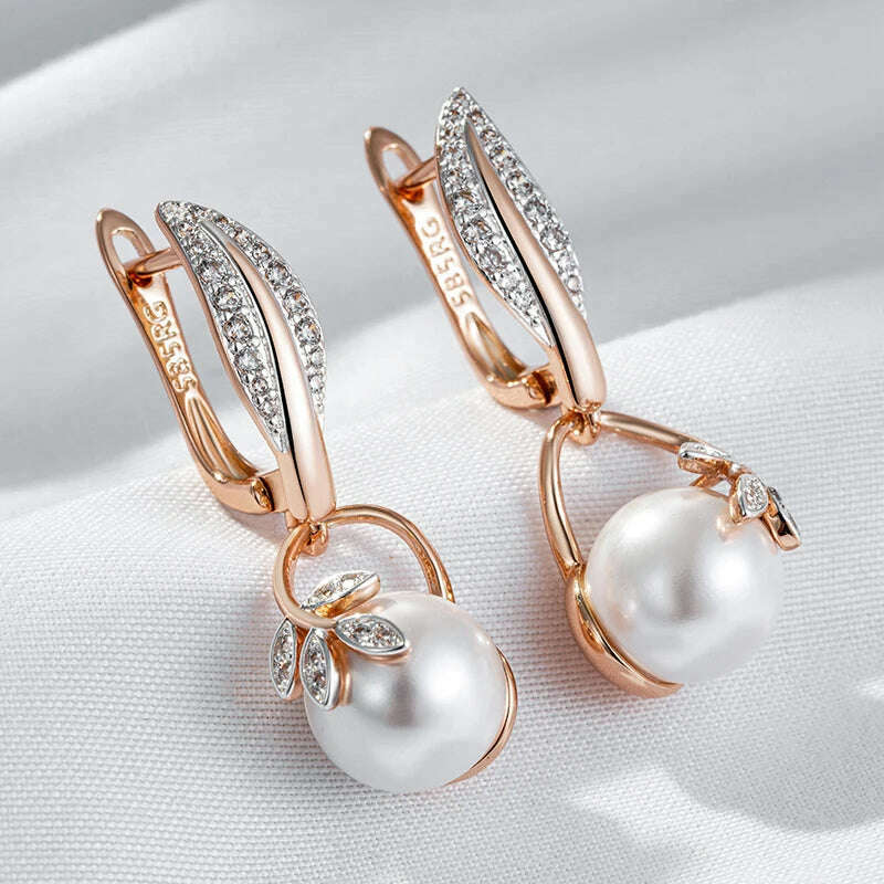 KIMLUD, Kinel Hot Fashion Crystal Flower Pearl Drop Earrings for Women 585 Rose Gold Silver Color Mix Boho Ethnic Wedding Jewelry Gift, KIMLUD Womens Clothes