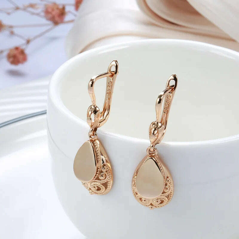 KIMLUD, Kinel Hot Fashion Glossy Drop Earrings for Women 585 Rose Gold Simple Water Retro Drop Earrings Ethnic Bride Wedding Jewelry, KIMLUD Womens Clothes