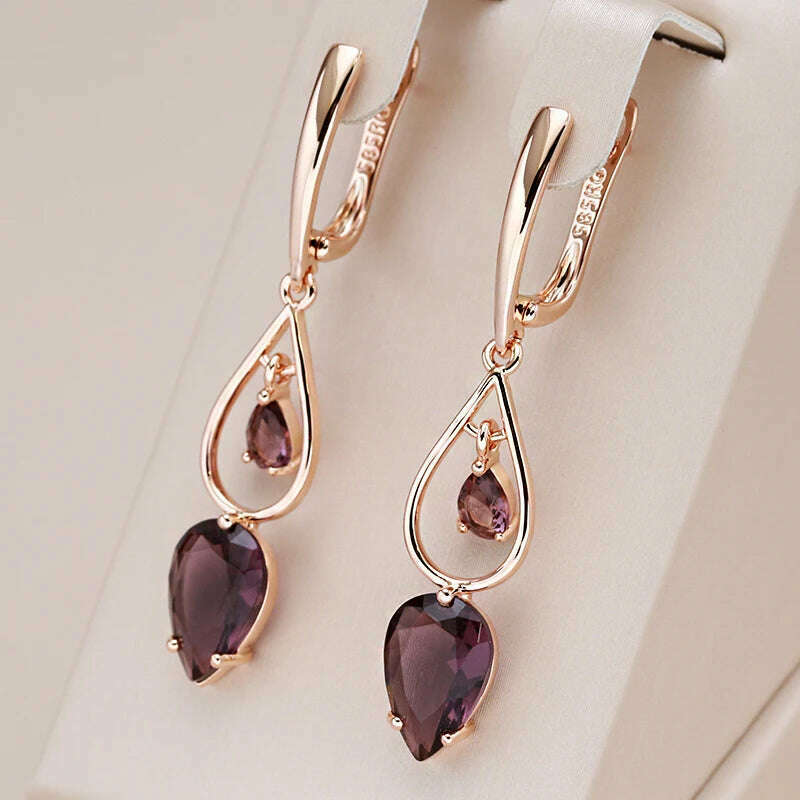 Kinel Hot Purple Natural Zircon Long Drop Earrings for Women Fashion 585 Rose Gold Water Drop Accessories Wedding Daily Jewelry - KIMLUD