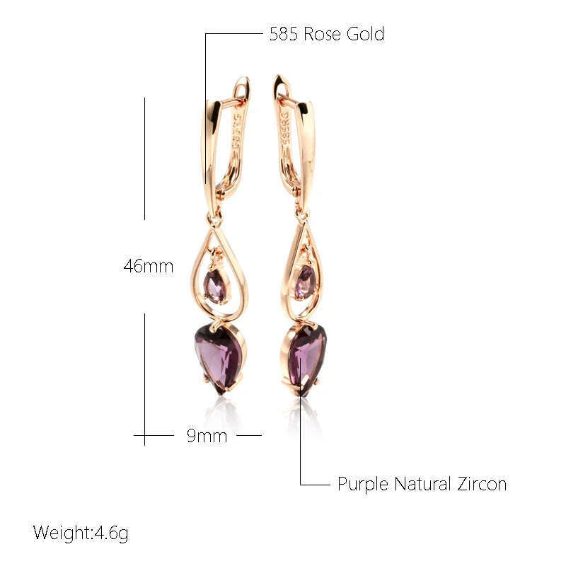 Kinel Hot Purple Natural Zircon Long Drop Earrings for Women Fashion 585 Rose Gold Water Drop Accessories Wedding Daily Jewelry - KIMLUD