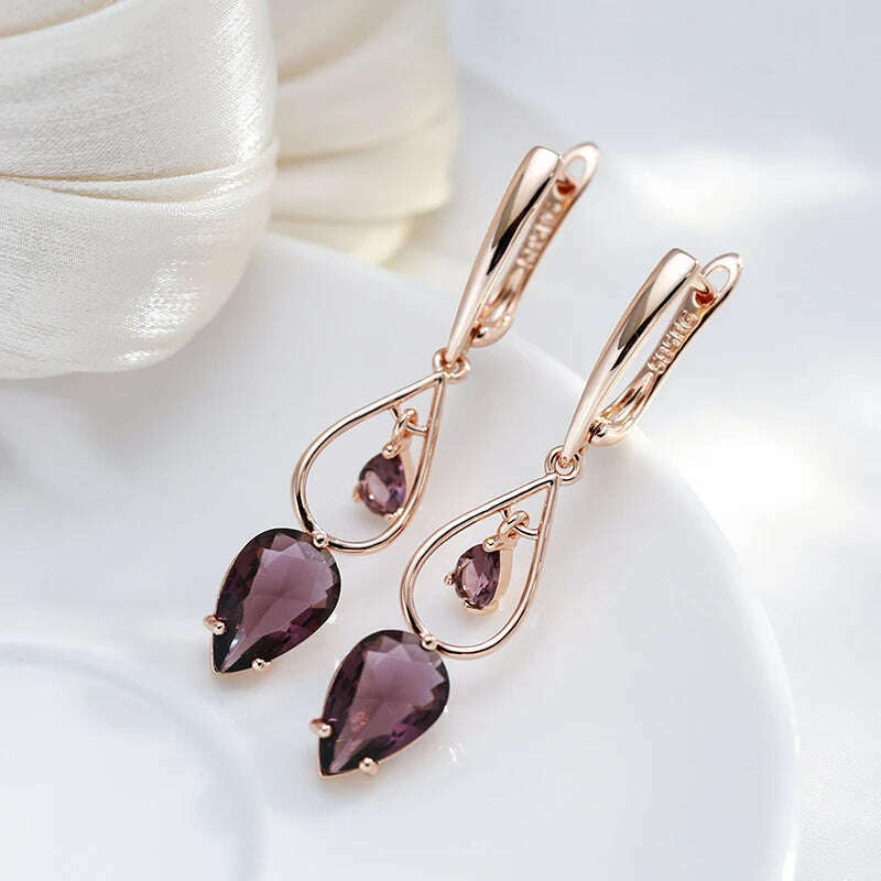 Kinel Hot Purple Natural Zircon Long Drop Earrings for Women Fashion 585 Rose Gold Water Drop Accessories Wedding Daily Jewelry - KIMLUD