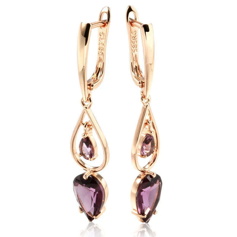 Kinel Hot Purple Natural Zircon Long Drop Earrings for Women Fashion 585 Rose Gold Water Drop Accessories Wedding Daily Jewelry - KIMLUD