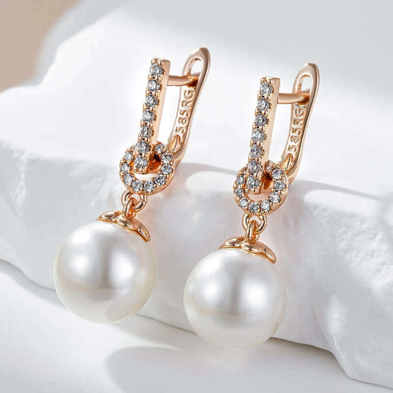 KIMLUD, Kinel Luxury 585 Rose Gold Color Pearl Drop Earrings Women Unique Geometric Full Natural Zircon Accessories Daily Jewelry Gift, KIMLUD Womens Clothes