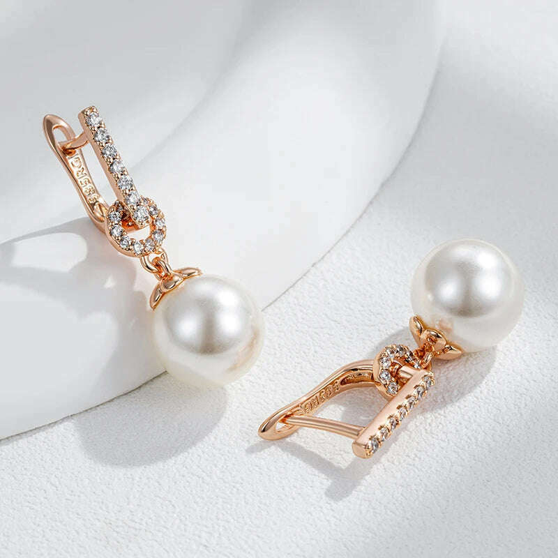 KIMLUD, Kinel Luxury 585 Rose Gold Color Pearl Drop Earrings Women Unique Geometric Full Natural Zircon Accessories Daily Jewelry Gift, KIMLUD Womens Clothes