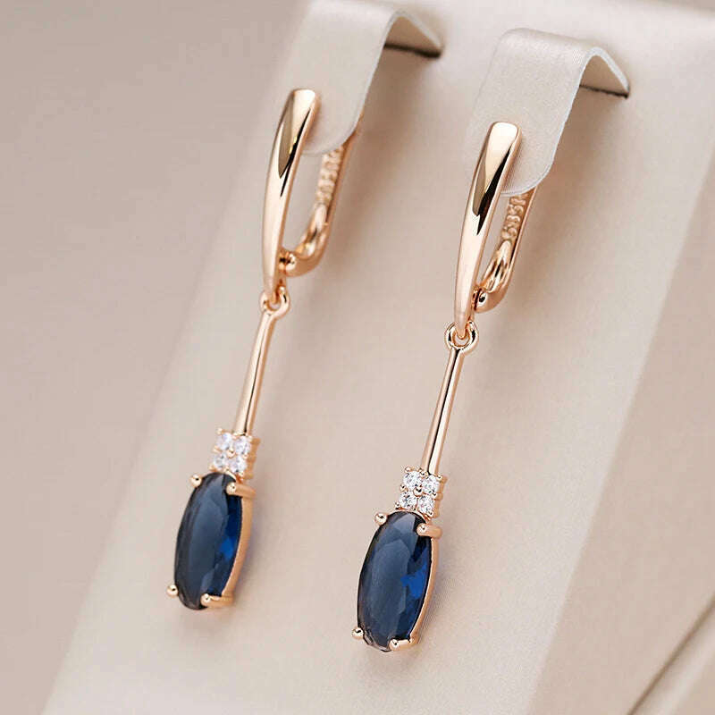 Kinel Unusual Shiny Oval Blue Natural Zircon Long Dangle Earrings for Women Luxury 585 Rose Gold Wedding Party Daily Jewelry - KIMLUD