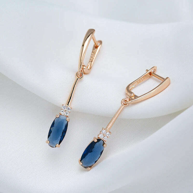 Kinel Unusual Shiny Oval Blue Natural Zircon Long Dangle Earrings for Women Luxury 585 Rose Gold Wedding Party Daily Jewelry - KIMLUD