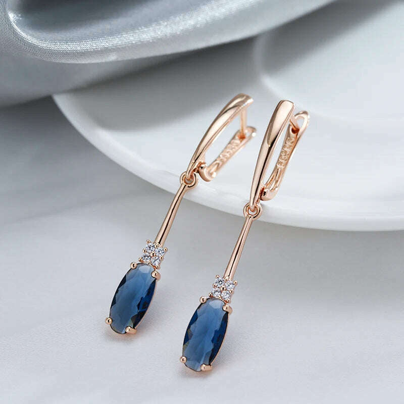 Kinel Unusual Shiny Oval Blue Natural Zircon Long Dangle Earrings for Women Luxury 585 Rose Gold Wedding Party Daily Jewelry - KIMLUD