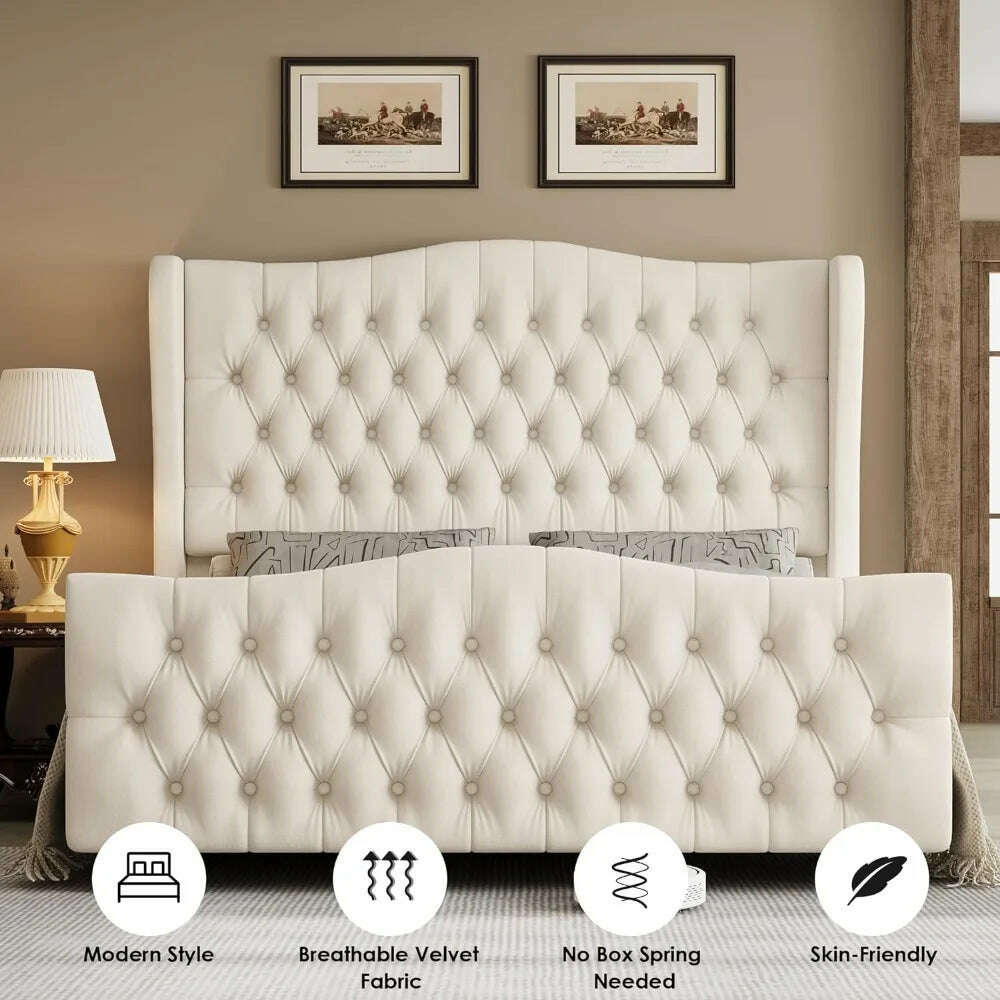 KIMLUD, King Bed Frame with Velvet Upholstered Deep Button Tufted Wingback Headboard and Footboard, No Box Spring Needed, King Bed Frame, KIMLUD Womens Clothes