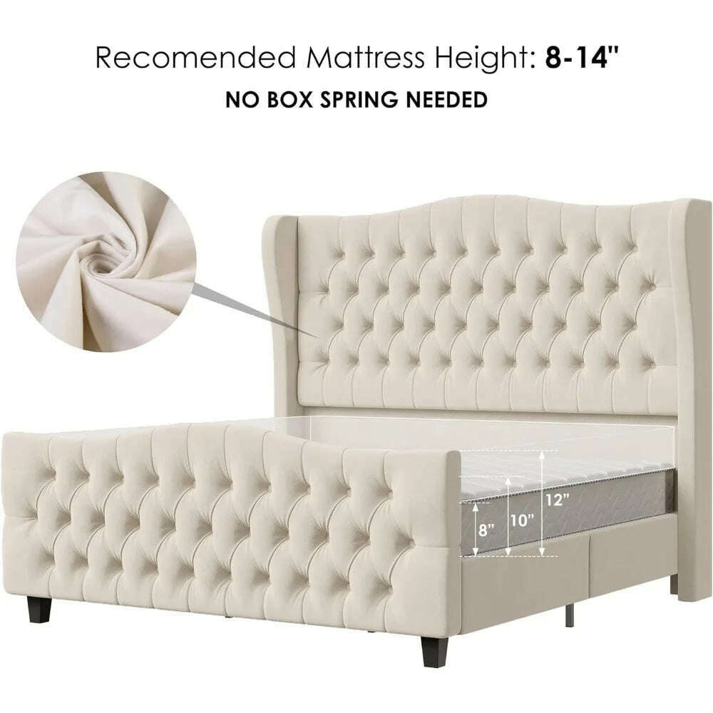 KIMLUD, King Bed Frame with Velvet Upholstered Deep Button Tufted Wingback Headboard and Footboard, No Box Spring Needed, King Bed Frame, KIMLUD Womens Clothes