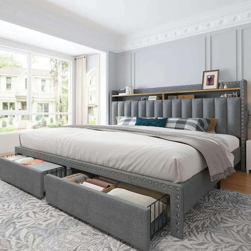 KIMLUD, King Size Bed Frame with Storage and Headboard, Upholstered King Bed Frame with Storage, Grey King Bed Frame w 2 Drawers, Grey / United States / King, KIMLUD APPAREL - Womens Clothes