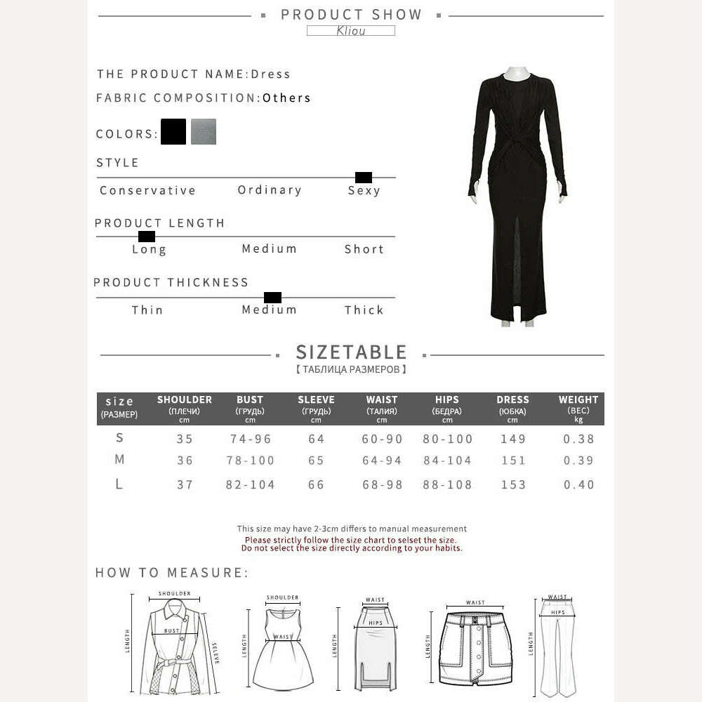 KIMLUD, kliou Elegant Solid Maxi Dress Women Classic Cross Ruched Long Sleeve Split Body-shaping Robe Female High Street Party Vestidos, KIMLUD Womens Clothes