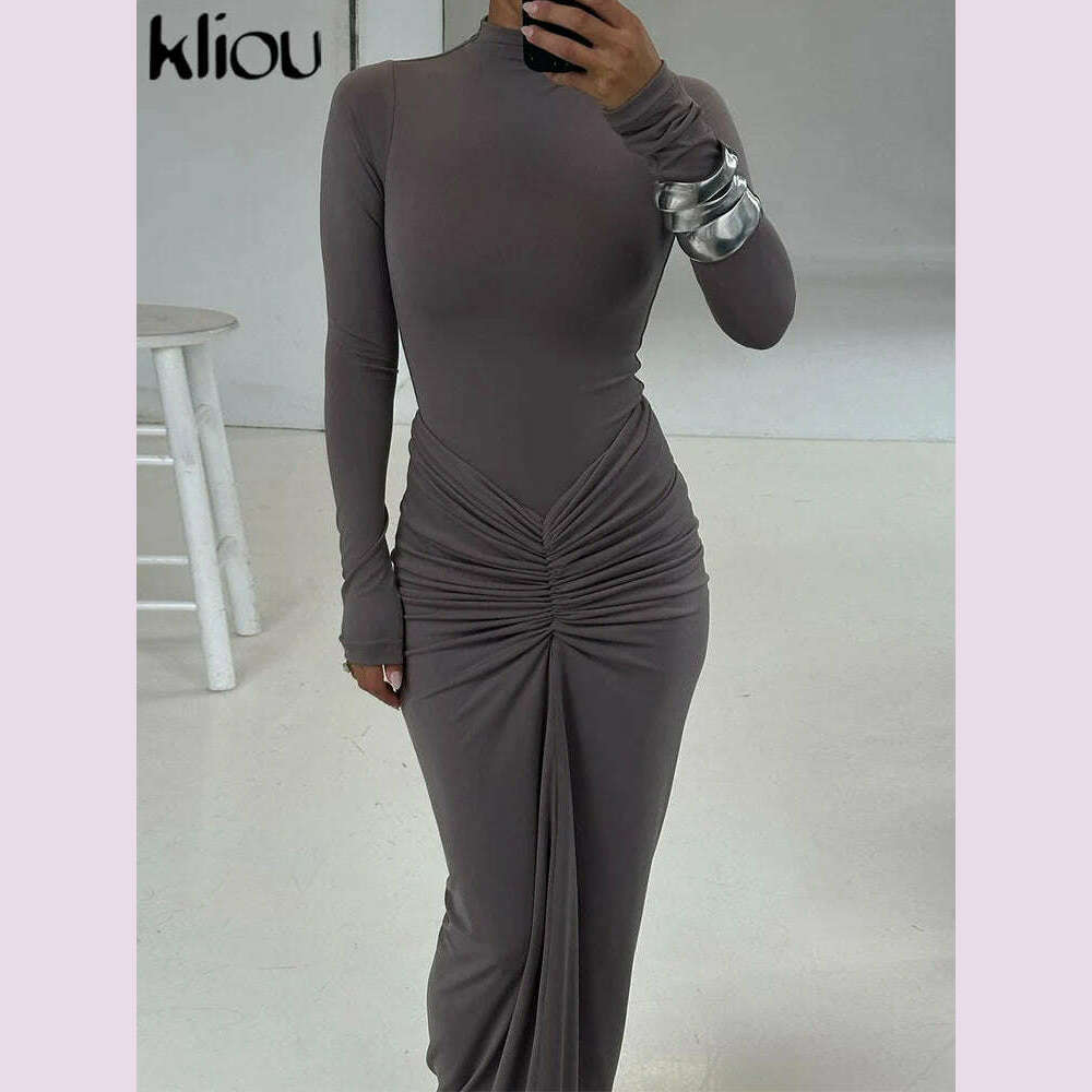 KIMLUD, kliou Shirring Women Classic Maxi Dress Autumn New Solid Long Sleeve High Collar Body-shaping Vestidos Mujer Concise Trend Robe, KIMLUD Womens Clothes