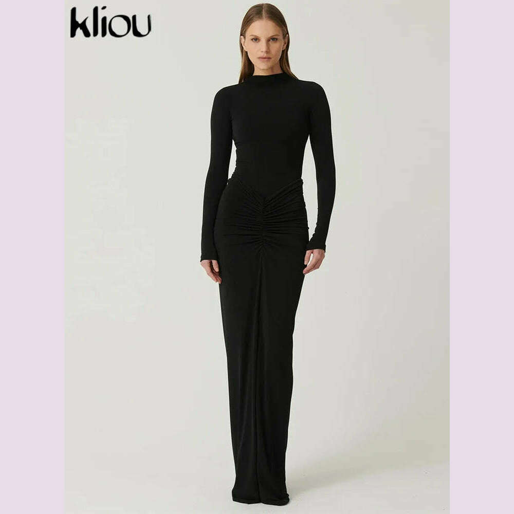 KIMLUD, kliou Shirring Women Classic Maxi Dress Autumn New Solid Long Sleeve High Collar Body-shaping Vestidos Mujer Concise Trend Robe, black / M, KIMLUD APPAREL - Womens Clothes