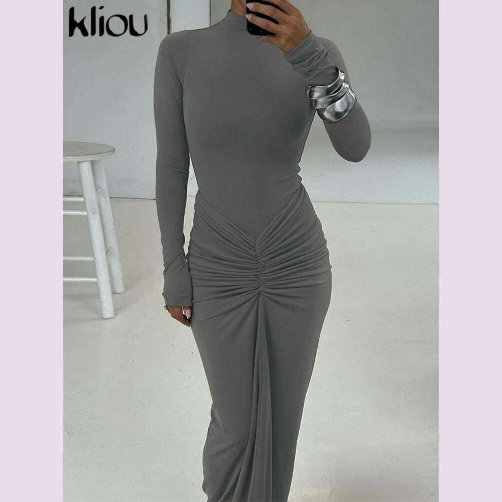 KIMLUD, kliou Shirring Women Classic Maxi Dress Autumn New Solid Long Sleeve High Collar Body-shaping Vestidos Mujer Concise Trend Robe, GRAY / L, KIMLUD APPAREL - Womens Clothes